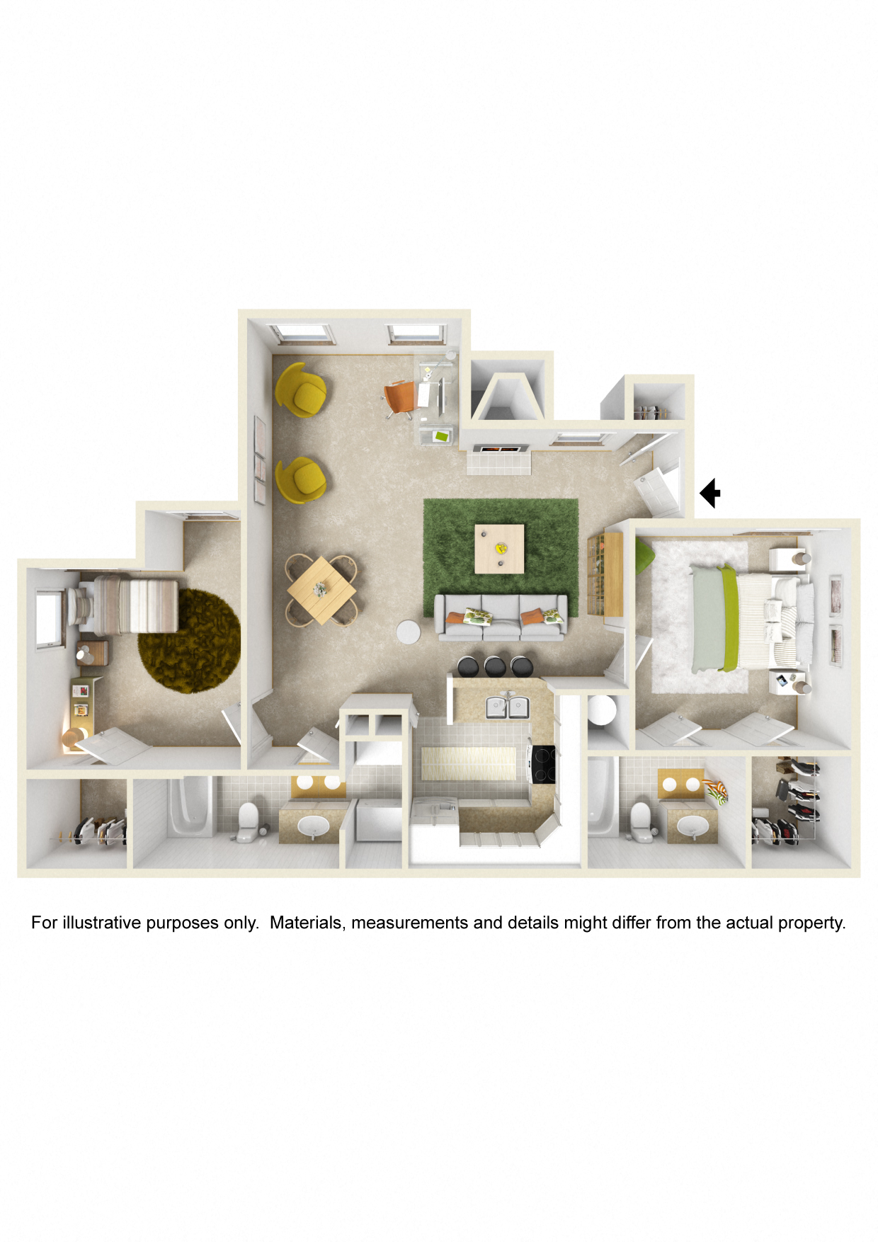 Floor plan for 2 beds, 2 baths, 1038 sqft